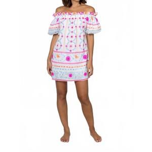 NEW JULIET DUNN off shoulder mini dress mexican print in fuchisa/mango/turq